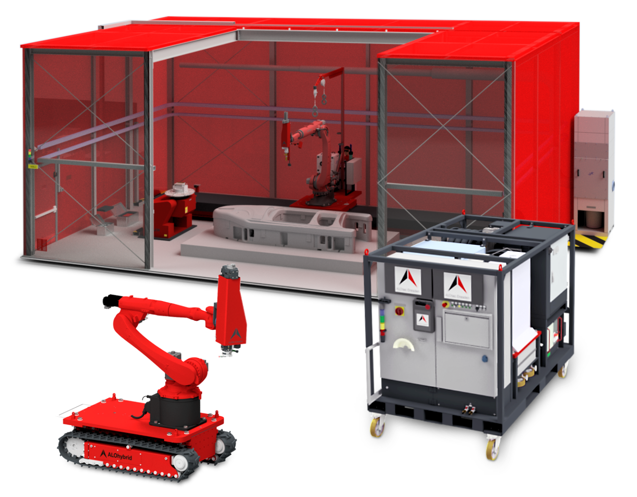Anlagenbau für Laseranlagen mit Roboter und Lineareinheit in einer Laserschutzkabine, mobiler Medienstation und mobiler Roboteranlage im Anlagenbau