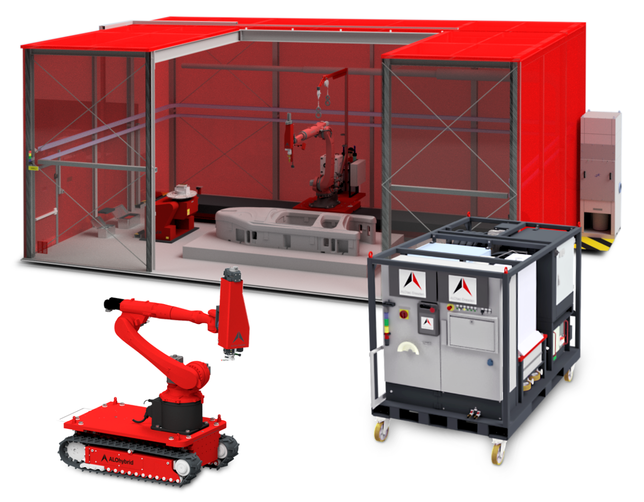 System engineering for laser systems with robot and linear unit in a laser protection cabin, mobile media station and mobile robot system in system engineering