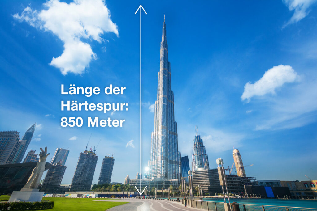 Länge der Härtespur mit insgesamt 850 Metern